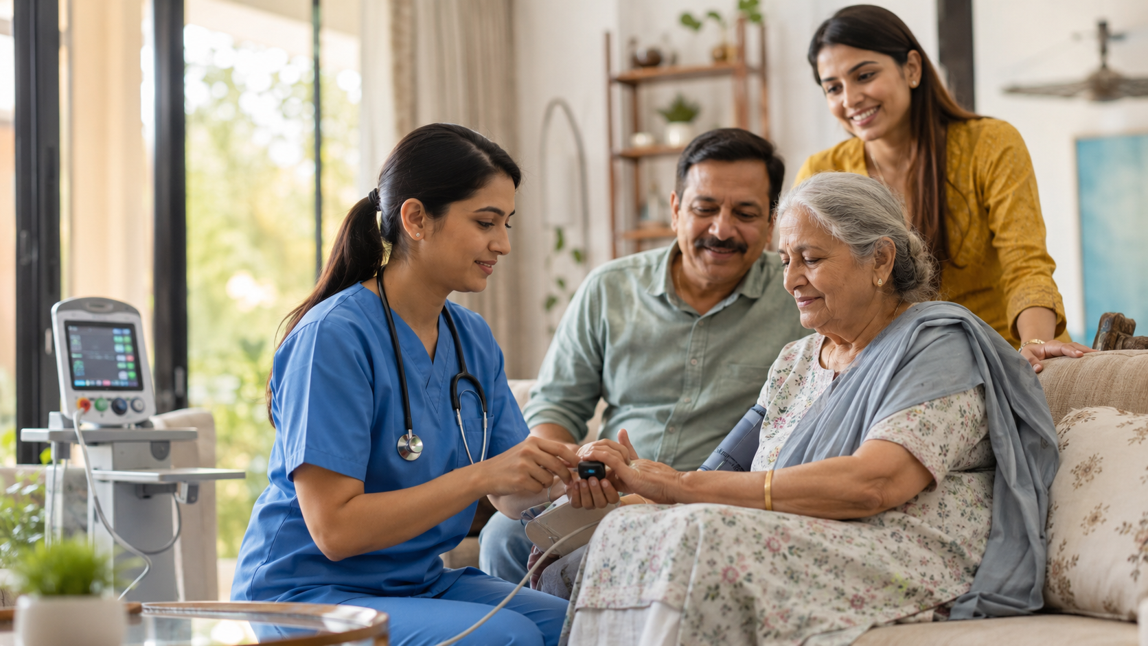 Professional home nursing care in Delhi with a female nurse assisting an elderly patient at home while family members look reassured in a modern Indian living room.